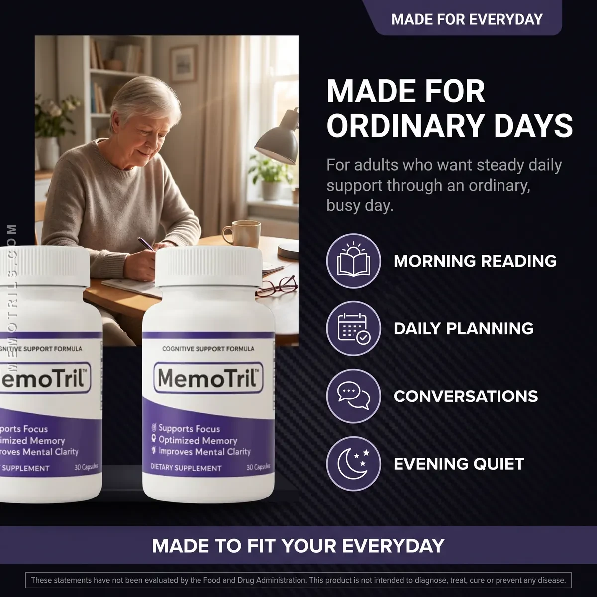 A woman reading and planning at home with MemoTril nootropic capsules for everyday cognitive support