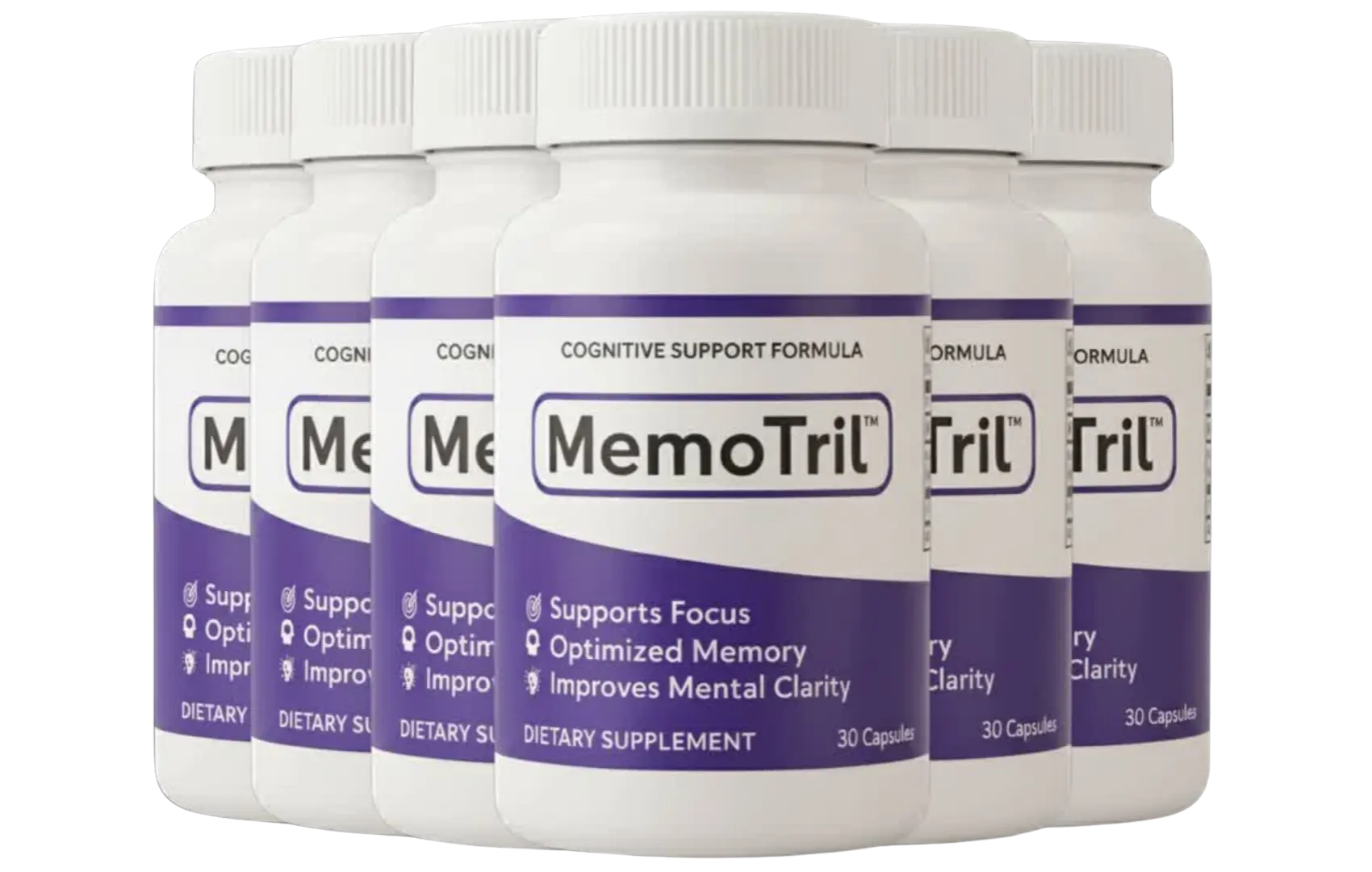 MemoTril bottles showing the label: Cognitive Support Formula, 30 capsules, dietary supplement